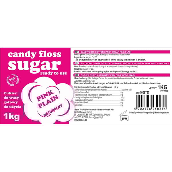 Farvet sukker til bomuld, pink, naturlig bomuldssmag, 1 kg