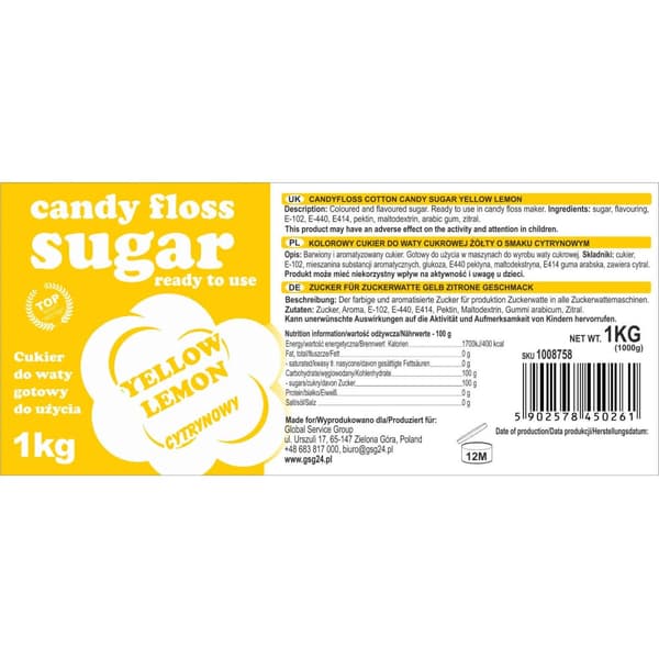 Färgat gult sockervadd med citronsmak 1kg