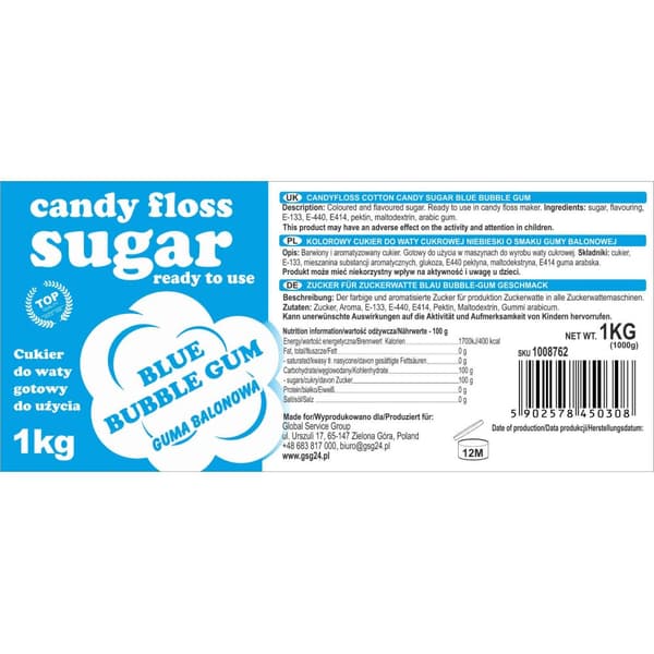 Värillinen sininen hattara sokeri, purukumimaku 1kg