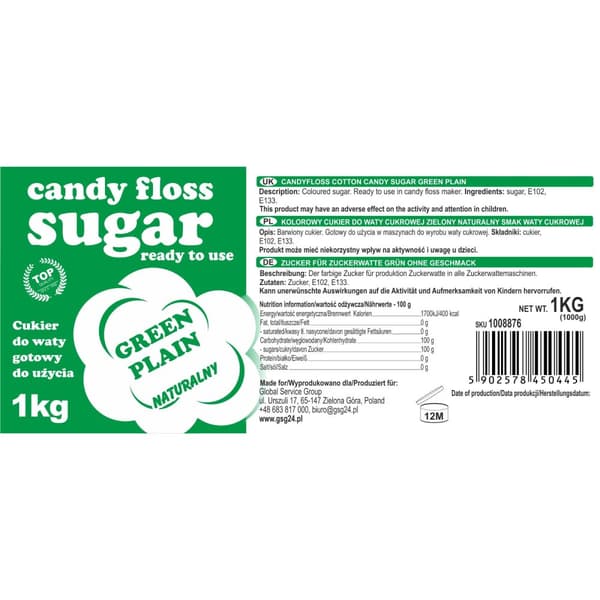Farvet sukker til bomuld, grøn, naturlig bomuldssmag, 1 kg