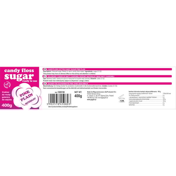 Farvet sukker til bomuld, pink, naturlig bomuldssmag, 400g