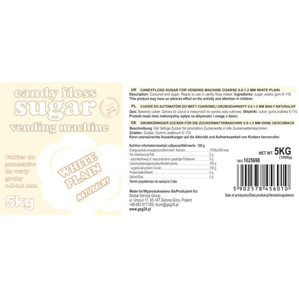 Socker till sockervaddsmaskinen, granulering 0,8-1,2 mm, naturlig smak, VIT 5 kg