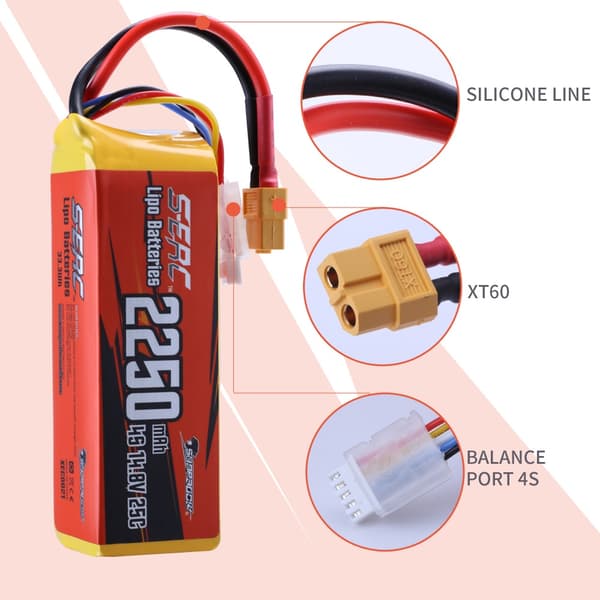 RC Lipo-batteri, 14,8V 2250mAh kapacitet, XT60-kontakt, 14,8V, 2250-4S-25C-2st