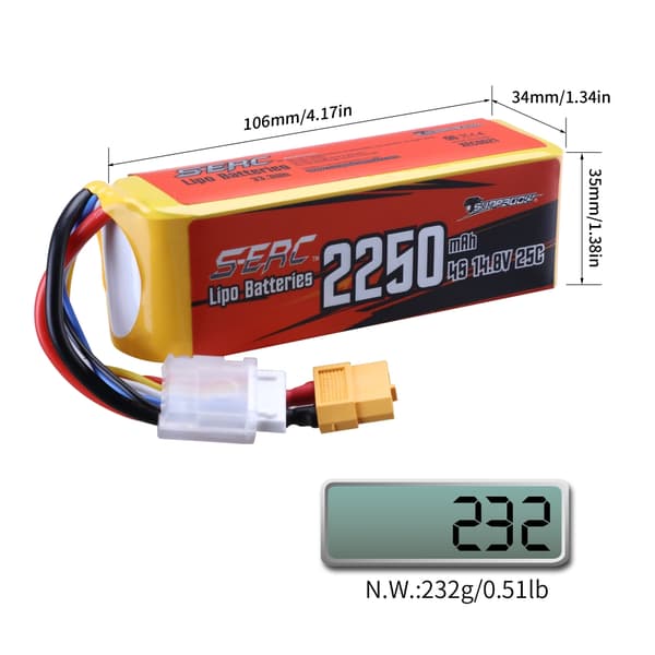 RC Lipo-batteri, 14,8V 2250mAh kapacitet, XT60-kontakt, 14,8V, 2250-4S-25C-2st