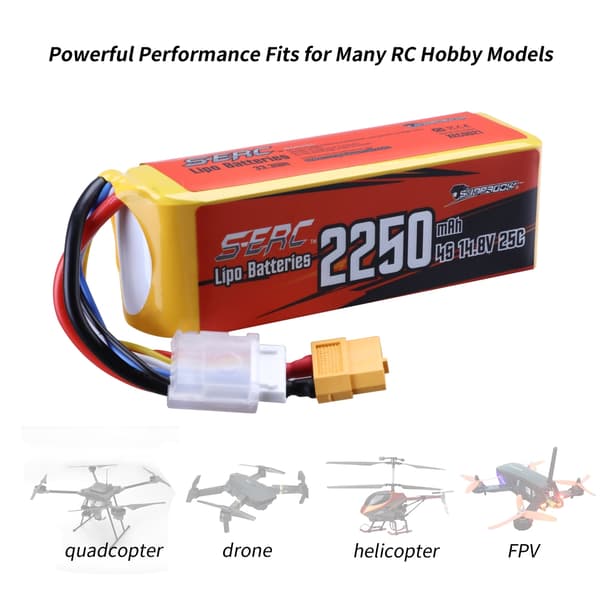 RC Lipo-batteri, 14,8V 2250mAh kapacitet, XT60-kontakt, 14,8V, 2250-4S-25C-2st