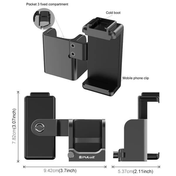 Mobiltelefonholder med stativmontering og koldskosmontering til DJI Osmo Pocket 3<