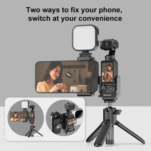 Mobiltelefonholder med stativmontering og koldskosmontering til DJI Osmo Pocket 3&lt