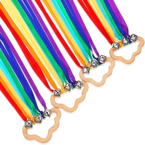 OBOSOE 4 kappaletta Rainbow Hand Ribbon Kite kelloilla Tuuli Sauva Tanssiva Ribbon Streamer Pilvi Puu aistilelut Puinen koulutuslelu juhliin