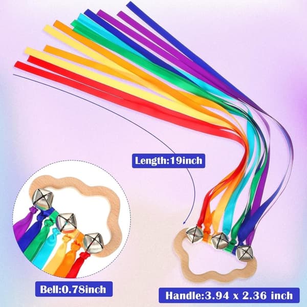 OBOSOE 4 kappaletta Rainbow Hand Ribbon Kite kelloilla Tuuli Sauva Tanssiva Ribbon Streamer Pilvi Puu aistilelut Puinen koulutuslelu juhliin