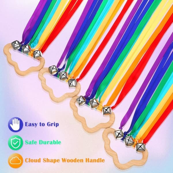 OBOSOE 4 kappaletta Rainbow Hand Ribbon Kite kelloilla Tuuli Sauva Tanssiva Ribbon Streamer Pilvi Puu aistilelut Puinen koulutuslelu juhliin