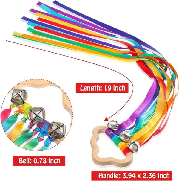 OBOSOE 4 kappaletta Rainbow Hand Ribbon Kite kelloilla Tuuli Sauva Tanssiva Ribbon Streamer Pilvi Puu aistilelut Puinen koulutuslelu juhliin