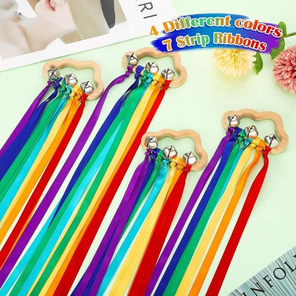 OBOSOE 4 kappaletta Rainbow Hand Ribbon Kite kelloilla Tuuli Sauva Tanssiva Ribbon Streamer Pilvi Puu aistilelut Puinen koulutuslelu juhliin