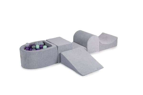 MeowBaby® Skumlekplats för barn 200 x 45 cm/100 bollar Ljusgrå: Violett/Mynta/Silver/Genomskinlig