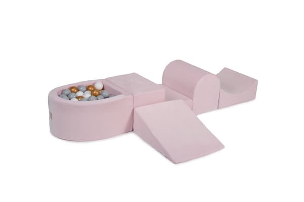 MeowBaby® Skumlekplats för barn med bollhav 240 x 45 cm/100 bollar Ljusrosa: Vit/Grå/Guld