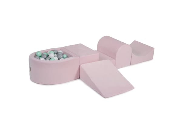 MeowBaby® Foam Legeplads til Børn med Boldbassin 240 x 45 cm/100 Bolde Lyserød: Mint/Grå/Hvid