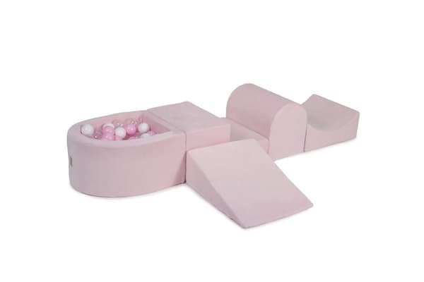 MeowBaby® skumlegeplads til børn med boldgrav 240 x 45 cm/100 bolde lyserød: pastel pink/transparent/hvid