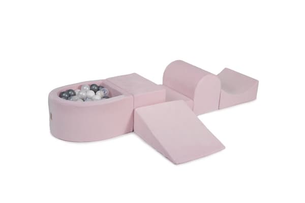 MeowBaby® skumlegeplads til børn med boldbassin 240 x 45 cm/100 bolde lyserød: sølv/hvid/hvid perle/gennemsigtig