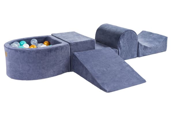 MeowBaby® skumlegeplads til børn med boldbassin 240 x 45 cm/100 bolde gråblå: guld/hvid perle/turkis/gennemsigtig