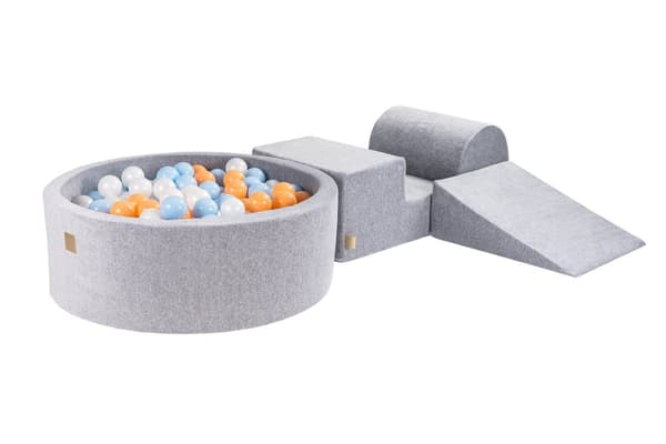MeowBaby® Skumlekplats för barn med bollhav 240 x 45 cm/200 bollar Ljusgrå: Persika/Babyblå/Vit pärla