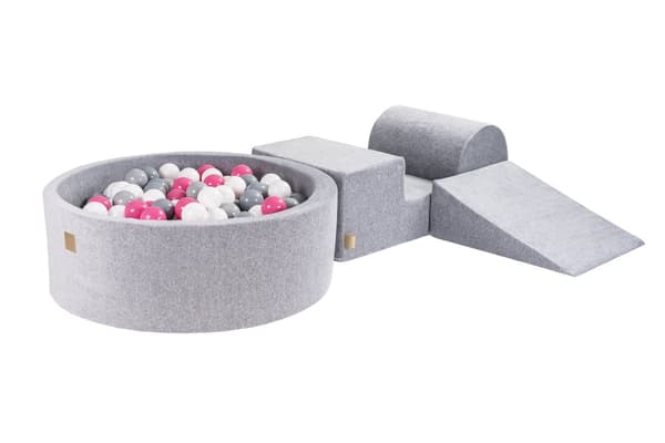 MeowBaby® Skumlekplats för barn med bollhav 240 x 45 cm/200 bollar Ljusgrå: Ljusrosa/Grå/Vit