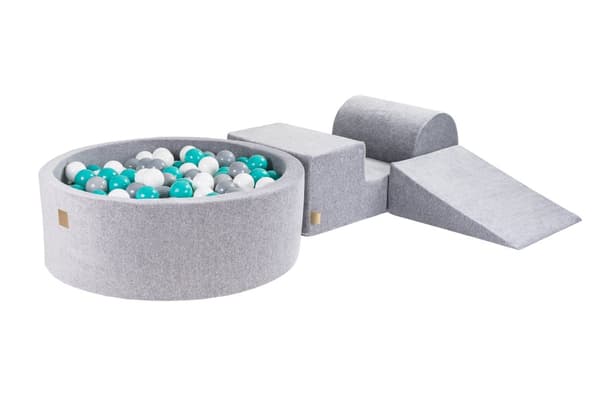 MeowBaby® Foam Legeplads til Børn med Boldbassin 240 x 45 cm/200 Bolde Lysegrå: Grå/Hvid/Turkis