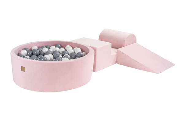 MeowBaby® Foam Legeplads til Børn med Boldbassin 240 x 45 cm/200 Bolde Pulver Pink: Grå/Hvid