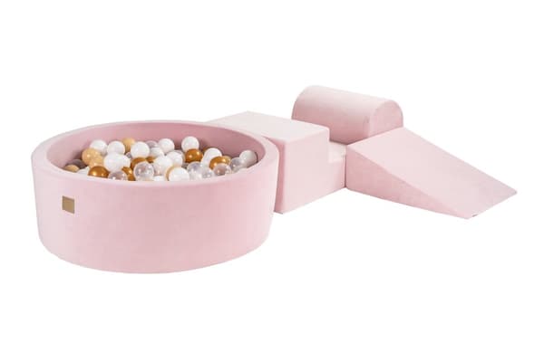 MeowBaby® Skumlekplats för barn med bollhav 240 x 45 cm/200 bollar Pulverrosa: Guld/Vit/Genomskinlig/Beige