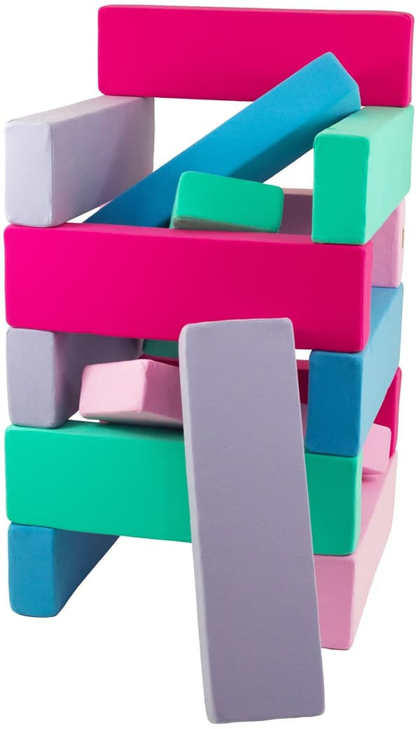Jenga - 15 Soft Play Blocks - sininen, vaaleanpunainen, vaaleanpunainen, violetti, turkoosi