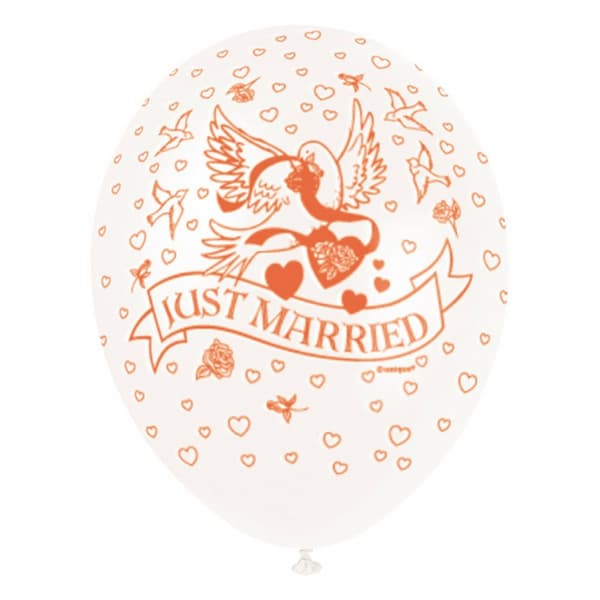 Unique Party 12 Inch Just Married Latex Balloon White/Orange Five Packs (25 balloons)