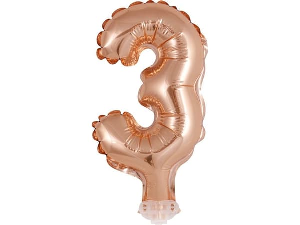 GoDan 13cm folieballong på pinne "3", rosa og gull