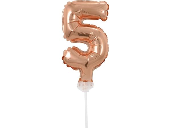 GoDan 13cm folieballong på pinne "5", rosa og gull