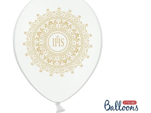 Party Deco ehtoollispalloja, IHS, valkoinen kultaisella painatuksella, 30 cm, 6 kpl yleismaailmallisia ilmapalloja