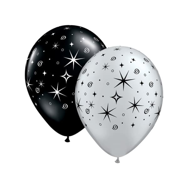 Qualatex Sparkles & Swirls Latex Round Balloons (Pack of 50) Black/Silver One Size
