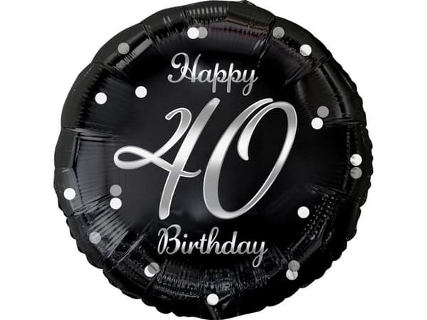 GoDan Happy 40 Birthday folieballong, svart, sølvtrykk, 18"