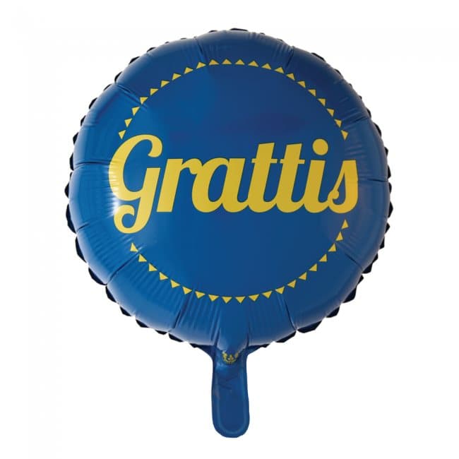 Folieballong "Grattis" blå/gul, 45 cm.