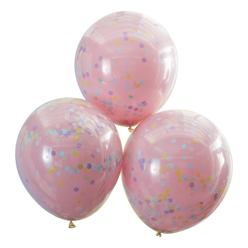 Dubbla konfettiballonger Rosa/pastell regnbågsfärgade, 3-pack