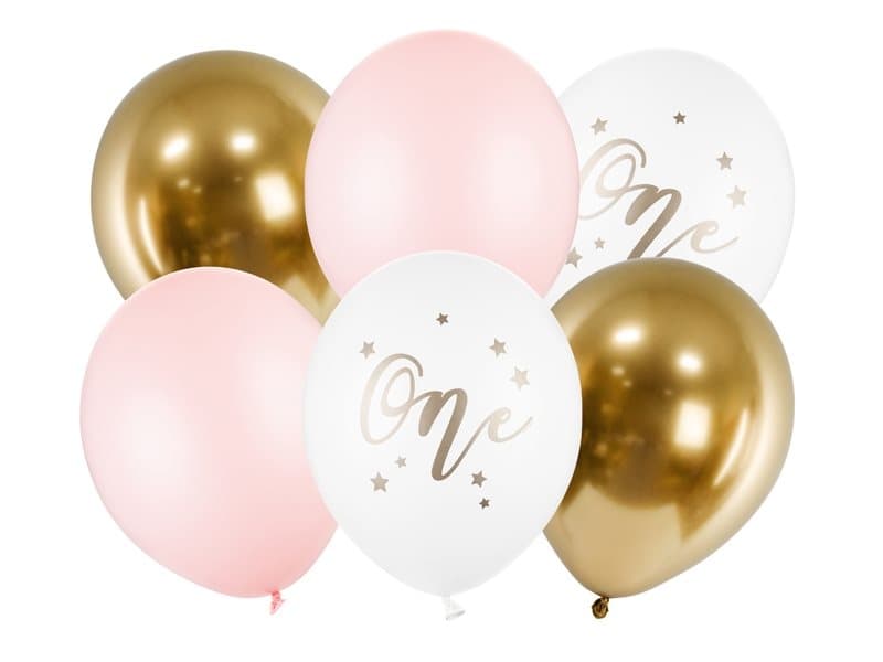 Ballonger 1 år vit/guld/rosa, 6-pack