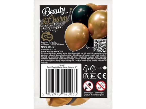 GoDan Balony Beauty&Charm, 3 złote, 2 sorttia, 12"