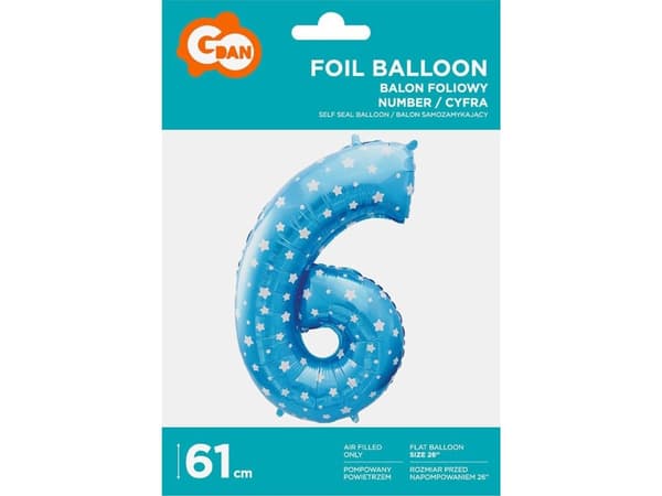 GoDan Nummer 6 folieballong, blå med stjerner, 61 cm
