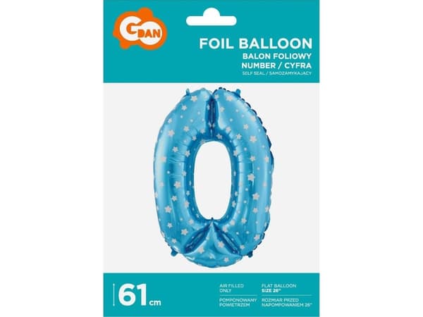 GoDan Folieballong Nummer 0, blå med stjerner, 61 cm
