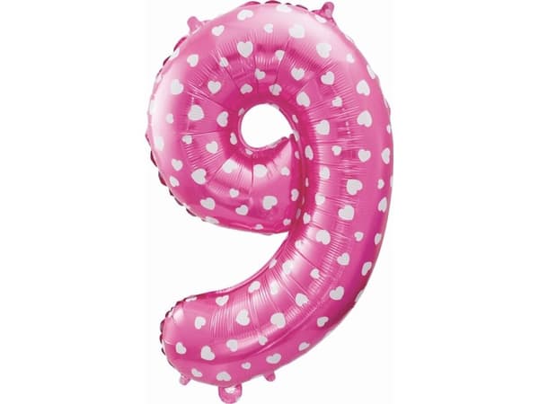 GoDan Foil balloon Number 9, pink with hearts, 61 cm