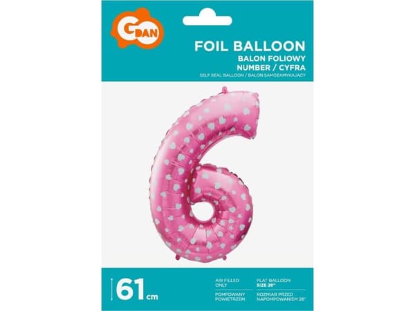 GoDan Nummer 6 folieballong, rosa med hjerter, 61 cm