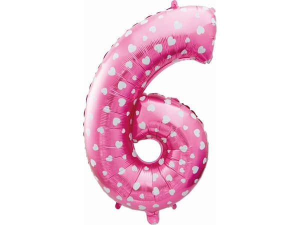 GoDan Nummer 6 folieballong, rosa med hjerter, 61 cm