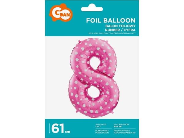 GoDan Nummer 8 folieballong, rosa med hjerter, 61 cm