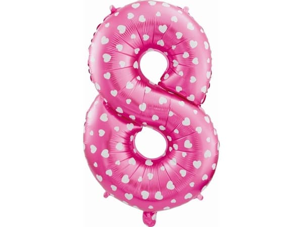 GoDan Nummer 8 folieballong, rosa med hjerter, 61 cm