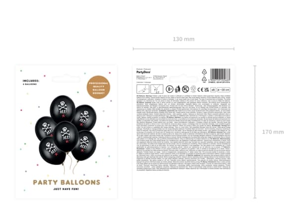 PartyDeco SB14P-297-010-6, Ilmapallo, Musta, Valkoinen, Kuva, Universaali, Ovaali, 30 cm