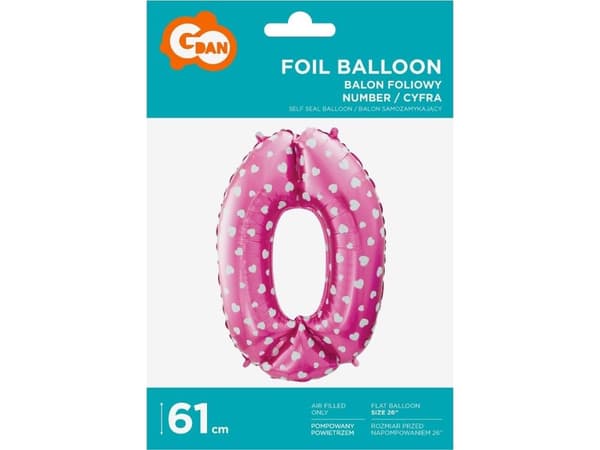 GoDan Folieballong Nummer 0, rosa med hjerter, 61 cm