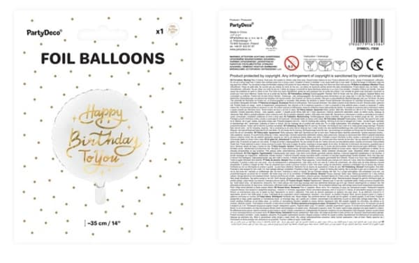 PartyDeco Happy Birthday To You, Hvit, Rund, Folie, Bursdag, 35 cm, 50 stykker