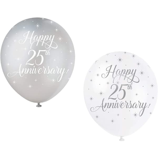 Unique Party Latex 25th Anniversary Balloons (Pack of 5) Silver/White One Size