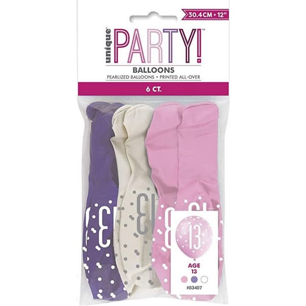 Unique Party Latex Pearlised Birthday Balloons (Pack of 6) White/Pink/Purple One Size